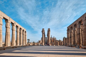 Luxor, Egypt - December 26 2023: Columns of the Luxor Temple, a large Ancient Egyptian temple, East...