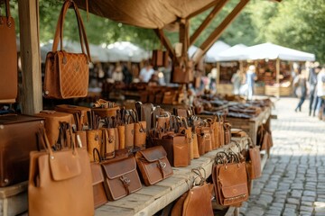 Naklejka premium Handmade Leather Bags Displayed on Wooden Stalls at Rustic Market