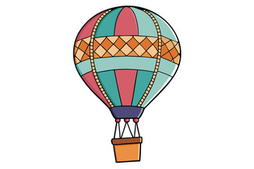Obraz premium Colorful vector illustration of a hot air balloon featuring patchwork design flying against a clear sky during daytime adventure