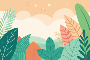 Naklejka premium Colorful vector illustration of foliage against a soft pastel sky featuring various leaves and shapes in a tranquil nature setting