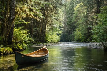 Canoe Tied to Forest Riverbank with Dappled Sunlight and Calm Reflections