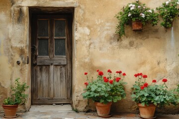 Tranquil Adobe Courtyard with Potted Geraniums and Weathered Wooden Door