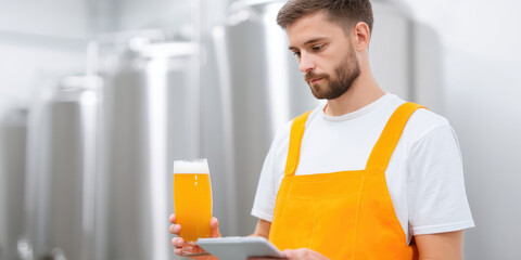 A man in an orange apron is holding a glass of beer and inspecting it with a tablet in hand. Brewery inspection, monitoring process