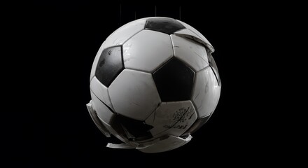 Naklejka premium Fragmented Soccer Ball Isolated on Black Displaying Damaged Pieces and Raw Emotion of Defeat Representing End of Worldcup Dream Isolated for Decoration