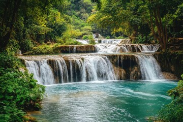 Fototapeta premium Hidden Jungle Waterfall Cascading into Clear Blue Pool Surrounded by Greenery