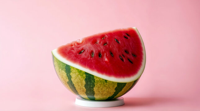 A juicy red slice of watermelon, a sweet and refreshing summer fruit, sits cut on a white plate