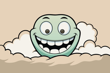 Happy cartoon character peeking over clouds with a big smile in a light brown background, expressing joy and playfulness