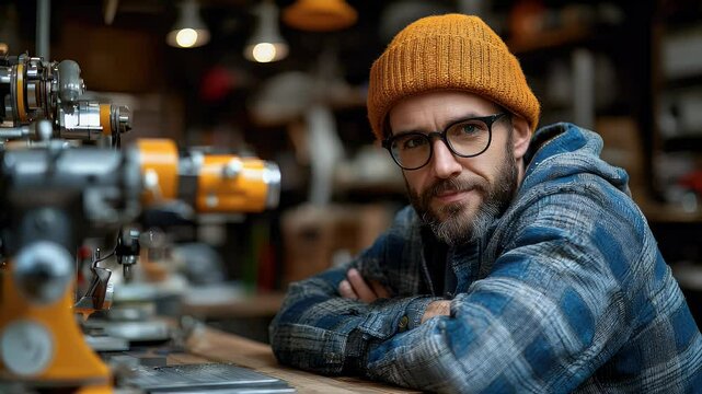 Craftsman in workshop, focused and determined.