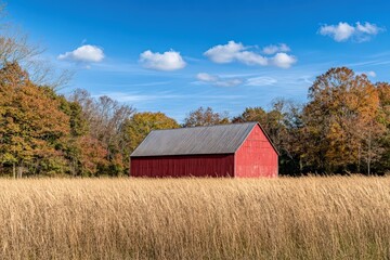 Fototapeta premium Red Barn in Tall Dry Grass Under Clear Blue Sky in Rural Countryside
