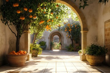 Fototapeta premium Sunlit Traditional Spanish Courtyard with Orange Trees and Terracotta Pots