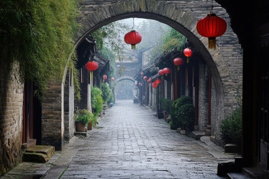 Ancient Stone Archway Opening to Lantern-Lit Cobblestone Street with Lush Plants