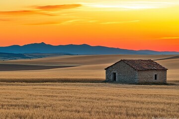 Sunset Over Wheat Fields and Stone Farmhouse in Rural Spain