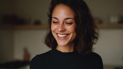 Close-up portrait of a young woman with shoulder-length dark hair. she is smiling widely and appears to be laughing. her eyes are closed and her mouth is open, showing her teeth.