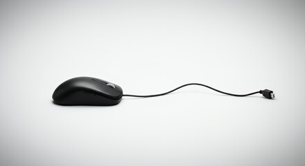 Isolated Black Computer Mouse with Severed Wire on Clean White Background Representing Digital Isolation and Lost Connection For Tech Failure Obsolescence Reuse Recycling Concept