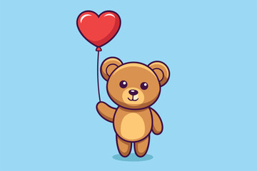 Cute bear character holding a heart-shaped balloon in a playful pose with a light blue background