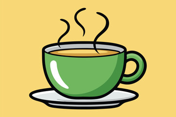 Smiling green cup of steaming hot beverage with steam rising, set against a light blue background, ideal for cheerful illustrations and designs