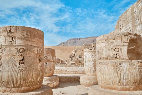 Luxor, Egypt - December 2023: The Ramesseum is the memorial temple or mortuary temple of Pharaoh Ramesses II. It is located in the Theban necropolis