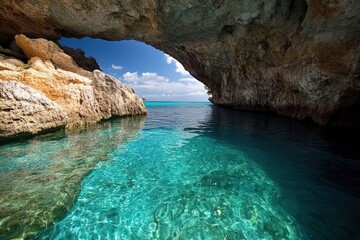 Crystal Clear Blue Water in Limestone Cave Surrounded by Dramatic Cliffs