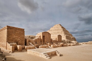 Saqqara, Egypt - January 2, 2024: The Pyramid of Djoser (or Djeser and Zoser), or Step Pyramid in the Saqqara necropolis