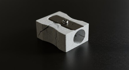 Isolated Damaged White Pencil Sharpener Detailed Closeup Featuring a Broken Texture on a Dark Backdrop Symbolic of Repair Reuse and Creative Block Perfect for Advertising