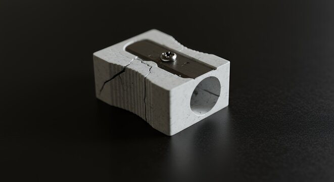 Isolated Damaged White Pencil Sharpener Detailed Closeup Featuring a Broken Texture on a Dark Backdrop Symbolic of Repair Reuse and Creative Block Perfect for Advertising