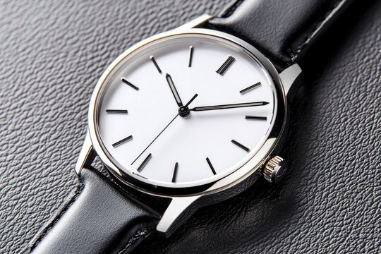 Sleek, minimalist wristwatch with a clean white face and black leather band  Close-up view showcases the timepiece's simple design and polished metal casing