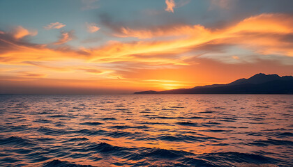 Obraz premium Serene sunset over calm sea with colorful clouds 