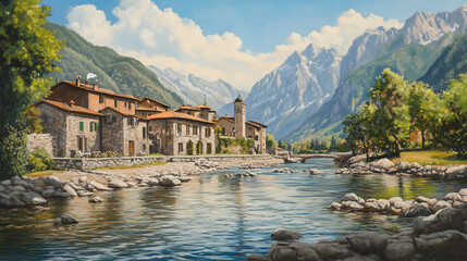 Naklejka premium Picturesque mountain village by a river