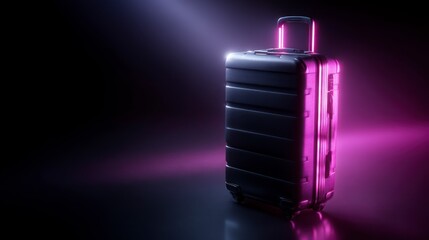 Sleek Black Suitcase Lit with Pink Neon Glow Travel and Fashion