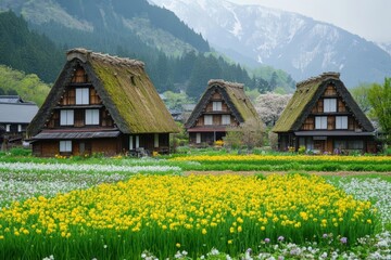 Fototapeta premium Thatched Roof Cottages Surrounded by Blooming Gardens in Rural Countryside