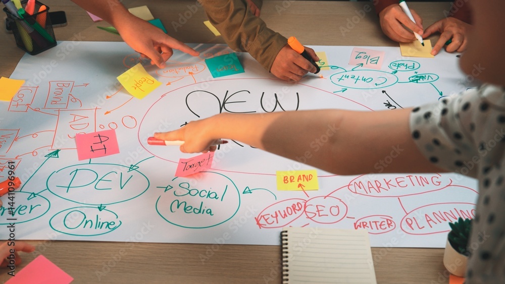 Poster a dynamic group brainstorming session using colorful sticky notes and diagrams to develop new market