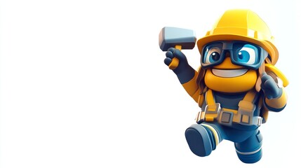A cheerful construction worker character holding a hammer ready for building projects and DIY