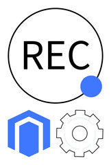 Recording indicator in a circle with blue dot, accompanied by hexagon and gear icons. Ideal for technology, recording, settings, workflow, innovation, user interface, simple landing page