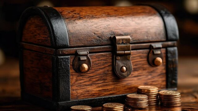 Wooden treasure chest with coins.