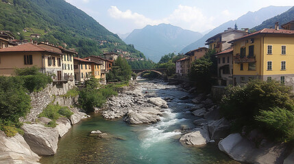 Picturesque mountain village nestled beside a river with colorful buildings and an old stone bridge