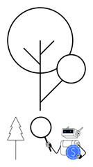 Robot holding magnifying glass examines tree diagram dollar coin symbol indicates financial growth. Ideal for AI, analysis, data visualization, growth, finances, sustainability, flat simple metaphor