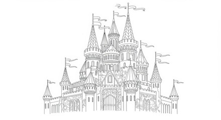 Obraz premium Fantasy Castle Coloring Page with Tall Towers and Flags