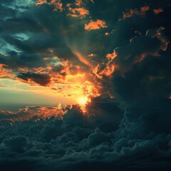 Fototapeta premium Colorful sunset over clouds displays a vibrant sky with sunlight breaking through during late evening hours