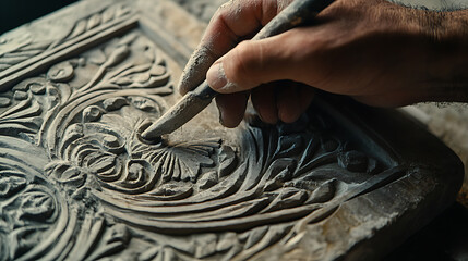 Craftsman Carving Intricate Floral Designs on Stone