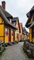 Traditional Yellow-Painted Thatched-Roof Houses in Dragør Village
