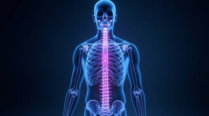 Transparent Human Body with Glowing Spine in Neon Blue