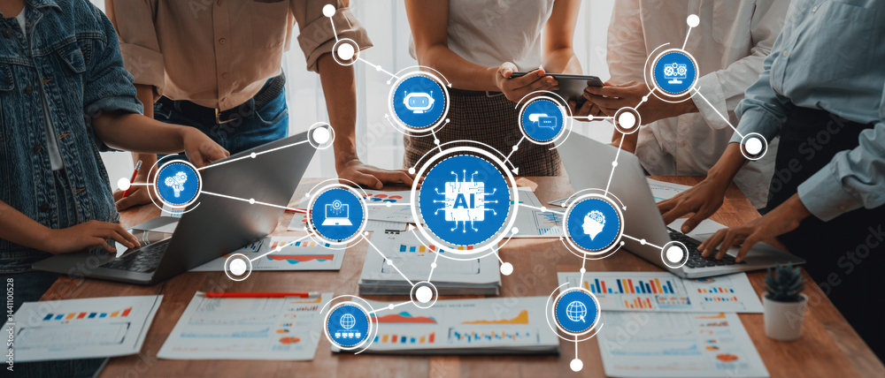 Fototapete This image captures a collaborative workspace where team members engage with artificial intelligence concepts, utilizing various digital tools for data analysis and strategy development. Amity