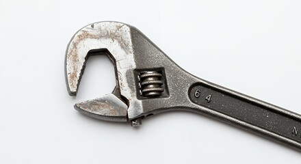 Rusted Adjustable Wrench with a Broken Jaw Detail on a White Background for Repair or Reuse Concepts