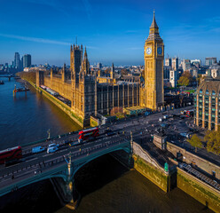 Aerial view of Big Ben and Houses of Parliament in sunny morning in London