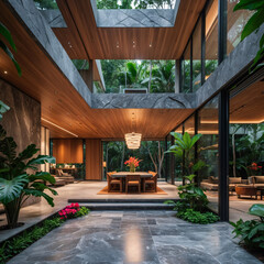 luxurious modern mansion lounge corridor with lush tropical plants marble wooden floor contemporary interior design stylish open concept living room premium stock photo interior design decoration