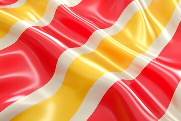 Fototapeta premium Vibrant, horizontal stripes of red, yellow, and cream in a flowing fabric pattern.