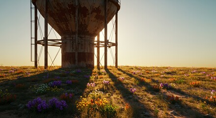 Rusty Skeletal Water Tower Amidst Wildflowers Under Golden Sunset Light Casting Long Shadows on a Sunbaked Expanse Symbolizing Decay and Resilience