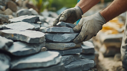 Worker Laying Stone Pavers in Outdoor Construction
