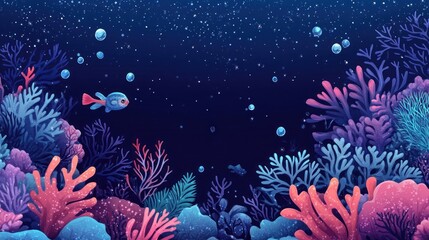 Night Ocean Coral Reef, Fish, Underwater Scene, Background, Illustration