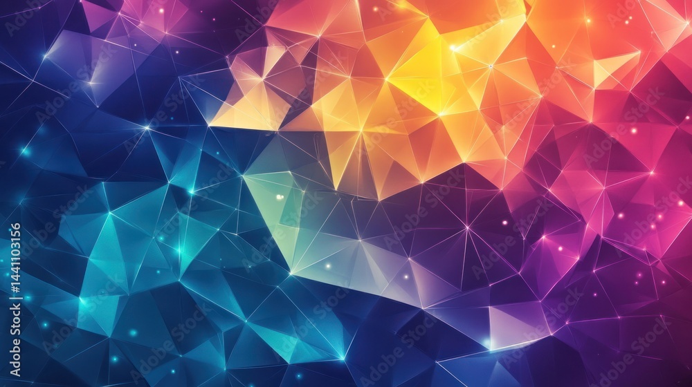 Poster abstract geometric design with multi-colored triangles and interconnecting points for creative backg
